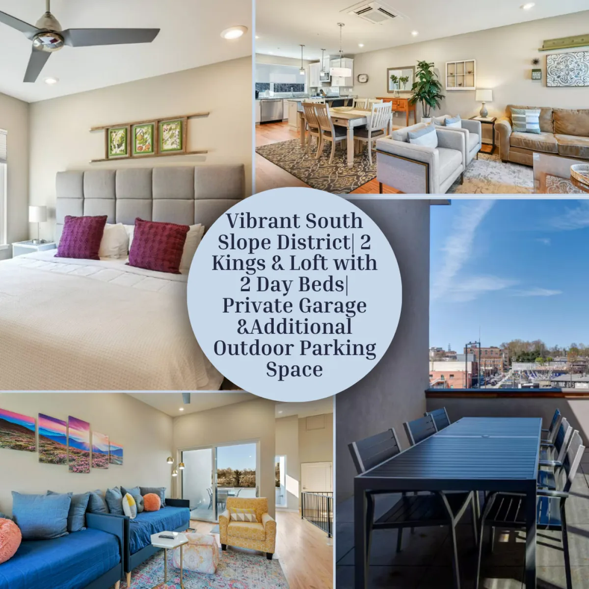 The image showcases a sunlit, open-concept living area with a plush, well-made bed topped with decorative pillows, a stylish contemporary dining area set for a gathering, inviting lounge seating, and large glass doors leading to a private balcony with outdoor seating and views of Asheville's downtown.